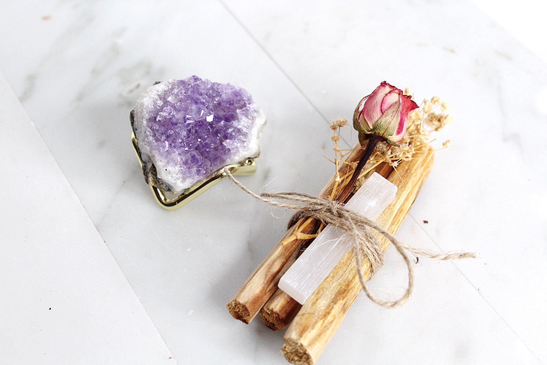 Amethyst Geode Crystal Set Selenite Palo Santo Energy Healing Meditation Spiritual Gift Crystal Gift Energy Work Gift