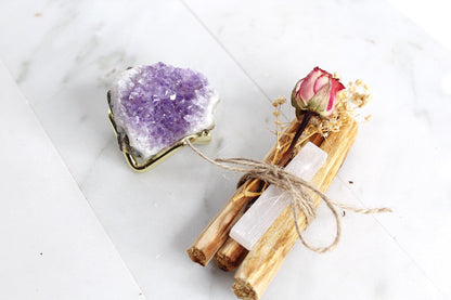 Amethyst Geode Crystal Set Selenite Palo Santo Energy Healing Meditation Spiritual Gift Crystal Gift Energy Work Gift