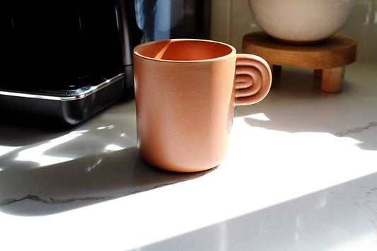 Terracotta Farmhouse Mug Coffee Lover Present Modern Kitchen Cup Black Handle Tab Design Ceramic Coffee Cup White Accent Details Rustic Style Home Decor Perfect Mom Gift Daily Coffee Essential Beautiful Country Charm Handmade Look Premium