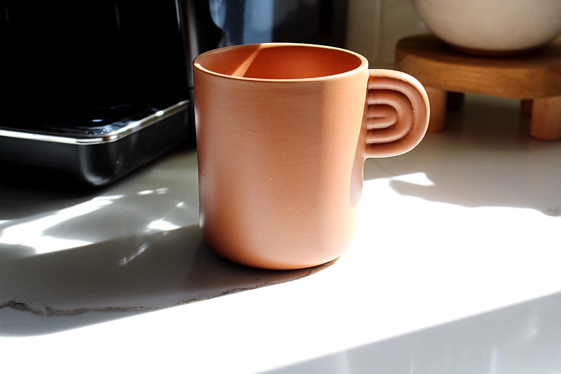 Modern Coffee Cup Terracotta Design Farmhouse Style Mug Black Handle Detail Ceramic Kitchen Essential Perfect Mom Present Coffee Lover Gift Rustic Home Accent Beautiful Country Charm Premium Quality Construction Daily Use Favorite Cup