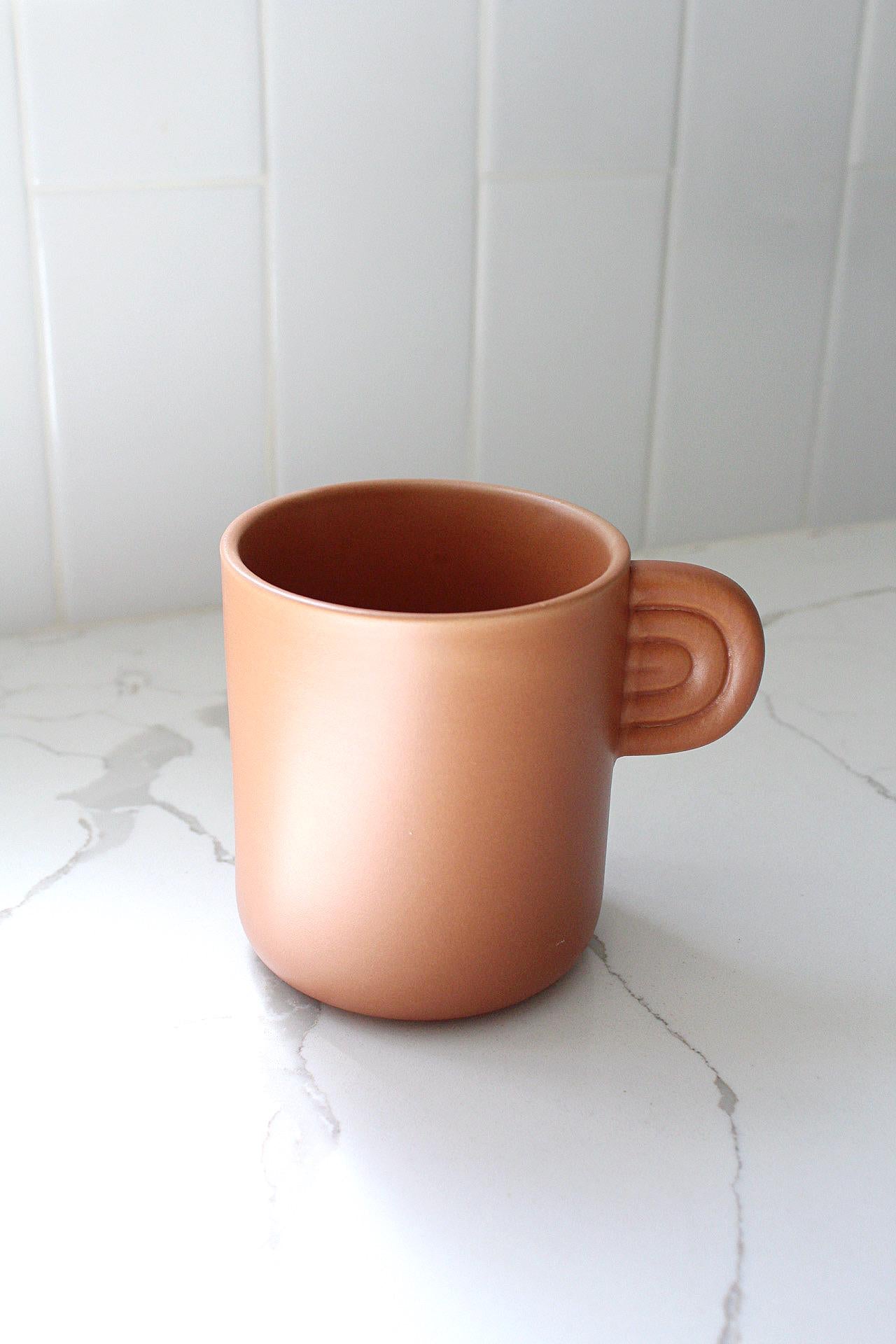 Rustic Farmhouse Mug Terracotta Coffee Cup Modern Kitchen Style Black Handle Design Premium Ceramic Construction Perfect Coffee Lover Gift Mom Present Essential White Accent Details Beautiful Country Home Decor Daily Use Favorite Handmade