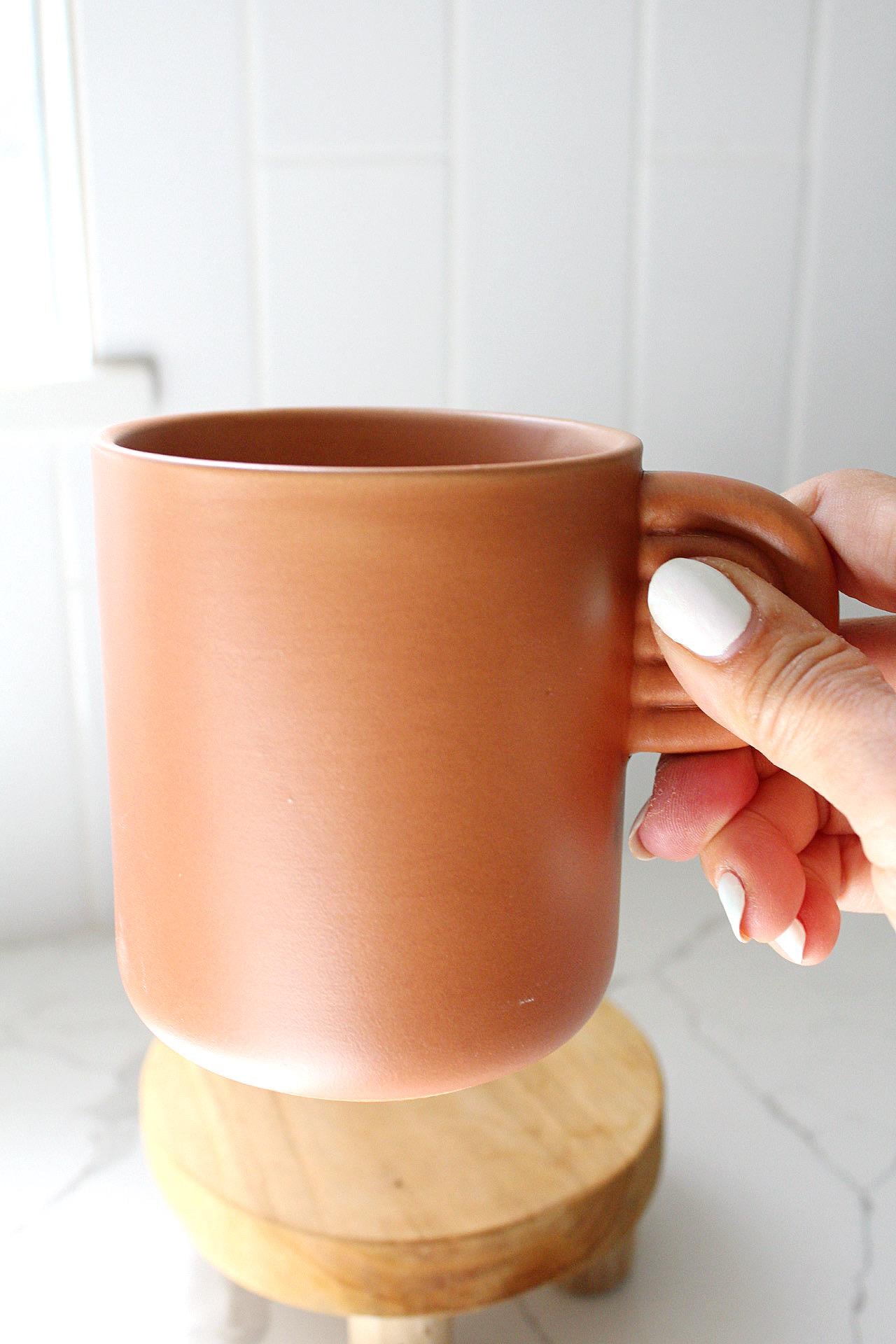 Rustic Farmhouse Mug Terracotta Coffee Cup Modern Kitchen Style Black Handle Design Premium Ceramic Construction Perfect Coffee Lover Gift Mom Present Essential White Accent Details Beautiful Country Home Decor Daily Use Favorite Handmade