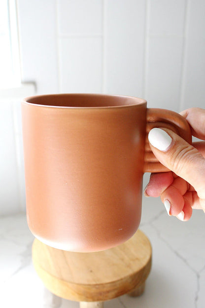Rustic Farmhouse Mug Terracotta Coffee Cup Modern Kitchen Style Black Handle Design Premium Ceramic Construction Perfect Coffee Lover Gift Mom Present Essential White Accent Details Beautiful Country Home Decor Daily Use Favorite Handmade