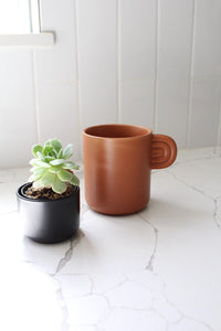 Kitchen Coffee Cup Terracotta Farmhouse Style Modern Design Elements Black Handle Detail Premium Ceramic Construction Perfect Mom Gift Coffee Lover Present Beautiful Country Charm White Accent Details Rustic Home Decor Daily Use Essential