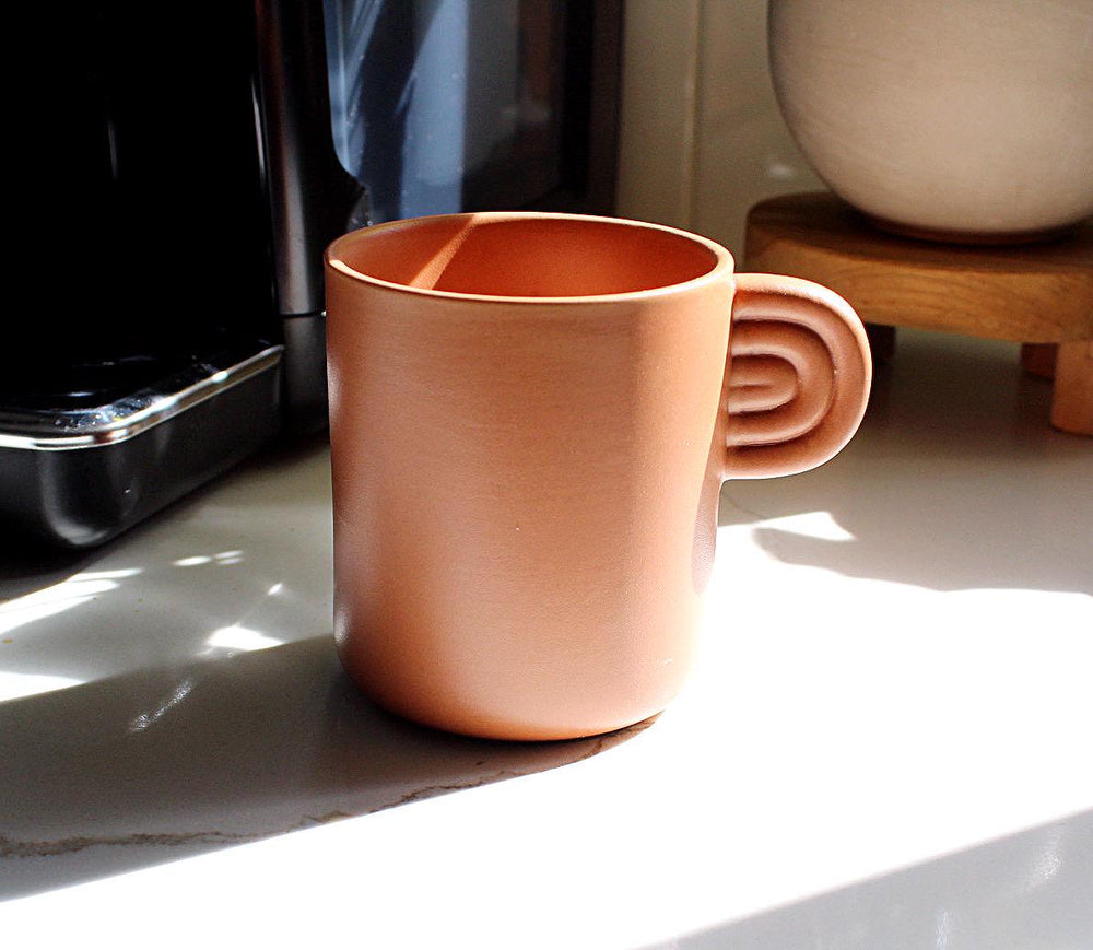 Terracotta Farmhouse Mug Coffee Lover Present Modern Kitchen Cup Black Handle Tab Design Ceramic Coffee Cup White Accent Details Rustic Style Home Decor Perfect Mom Gift Daily Coffee Essential Beautiful Country Charm Handmade Look Premium