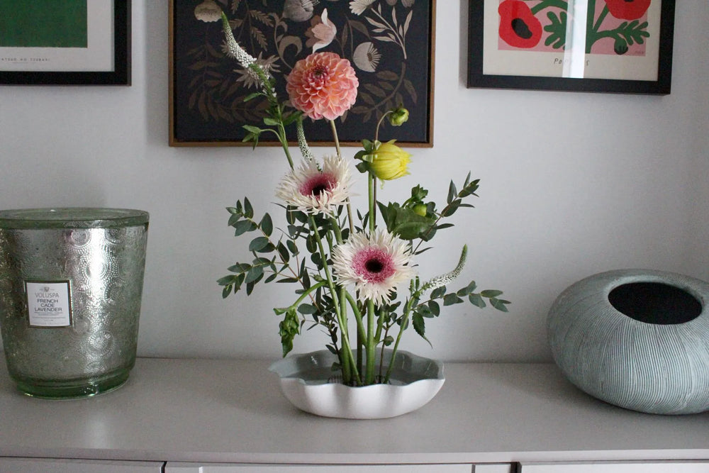 Powder Blue Ikebana Bowl – Modern Coastal Flower Arrangement