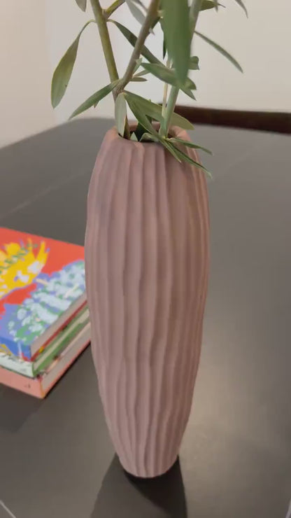Neutral Tall Fluted Purple Vase – Ribbed Texture Floral Arrangement Vessel