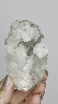 Green Apophyllite Quartz on Brass Claw Stand – Boho Geode Crystal Decor