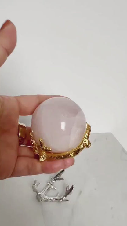 Gold Crystal Sphere Display Stand - Boho Home Decor with Elk Antlers & Wood