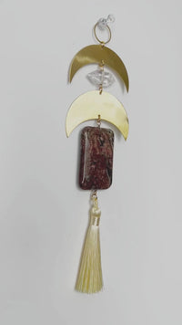 Crescent Brass Moon Wall Hanging - Sun Catcher with Fancy Jasper & Clear Quartz