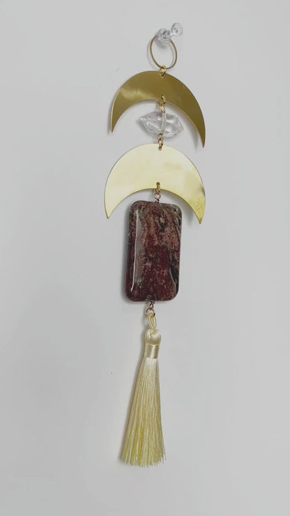 Crescent Brass Moon Wall Hanging - Sun Catcher with Fancy Jasper & Clear Quartz