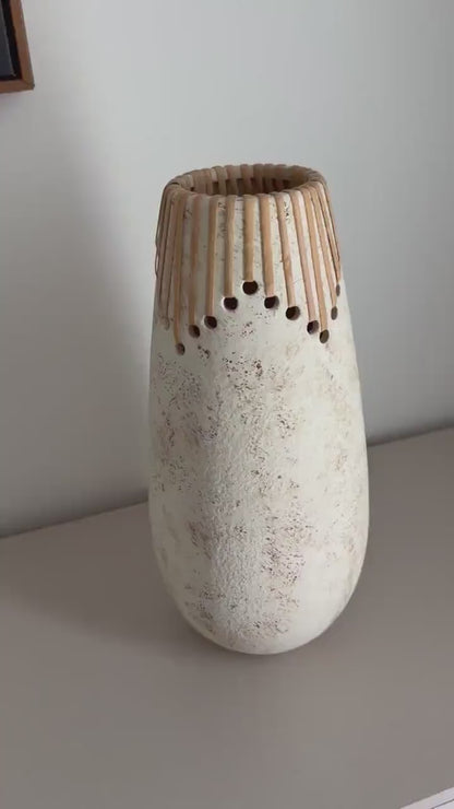 Boho Ceramic Vase - White Rustic Decor for Home & Dried Flowers