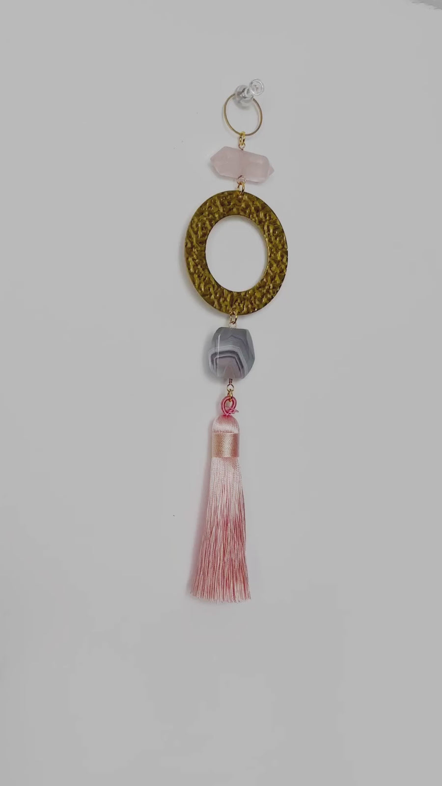 Pink Sun Catcher | Crystal Brass Moon Wall Hanging Art | Rose Quartz Botswana Agate