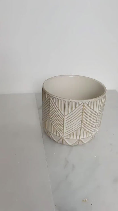 Boho Chevron Pottery - Neutral Ivory Modern Planter for Indoor Plants