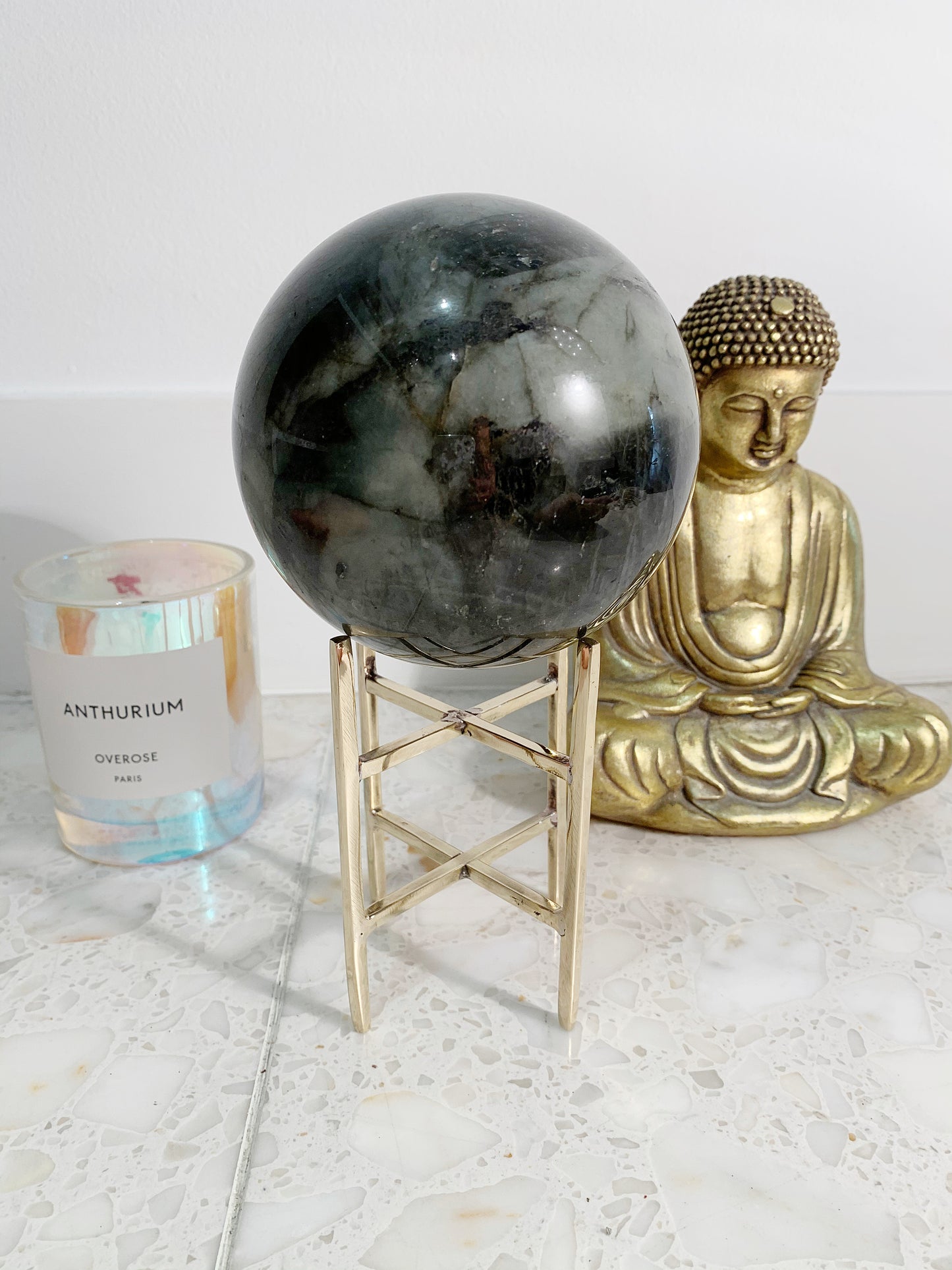 Brass Crystal Tower Display Stand - Gold Geometric Candle Holder