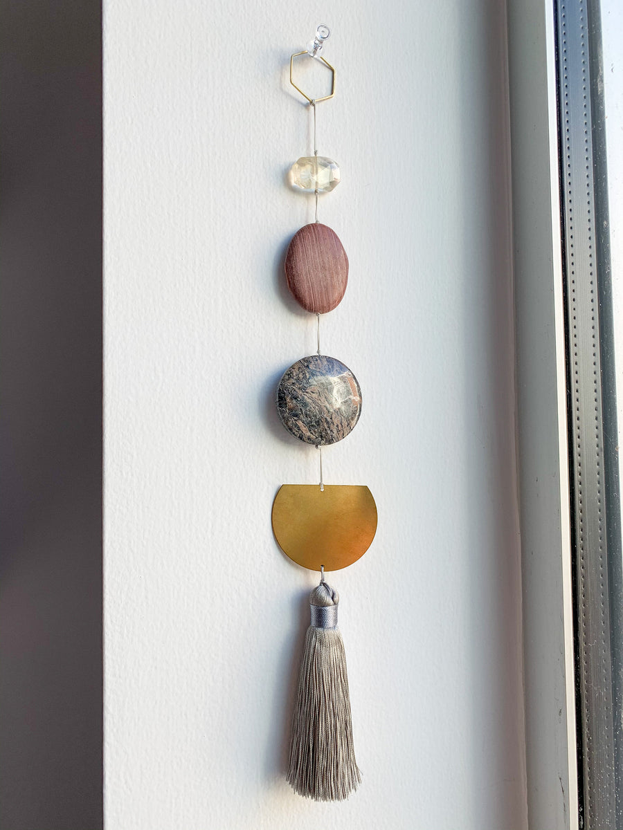 Earthy Neutral Citrine & Jasper Brass Wall Hanging Tassel Art | Sun Catcher